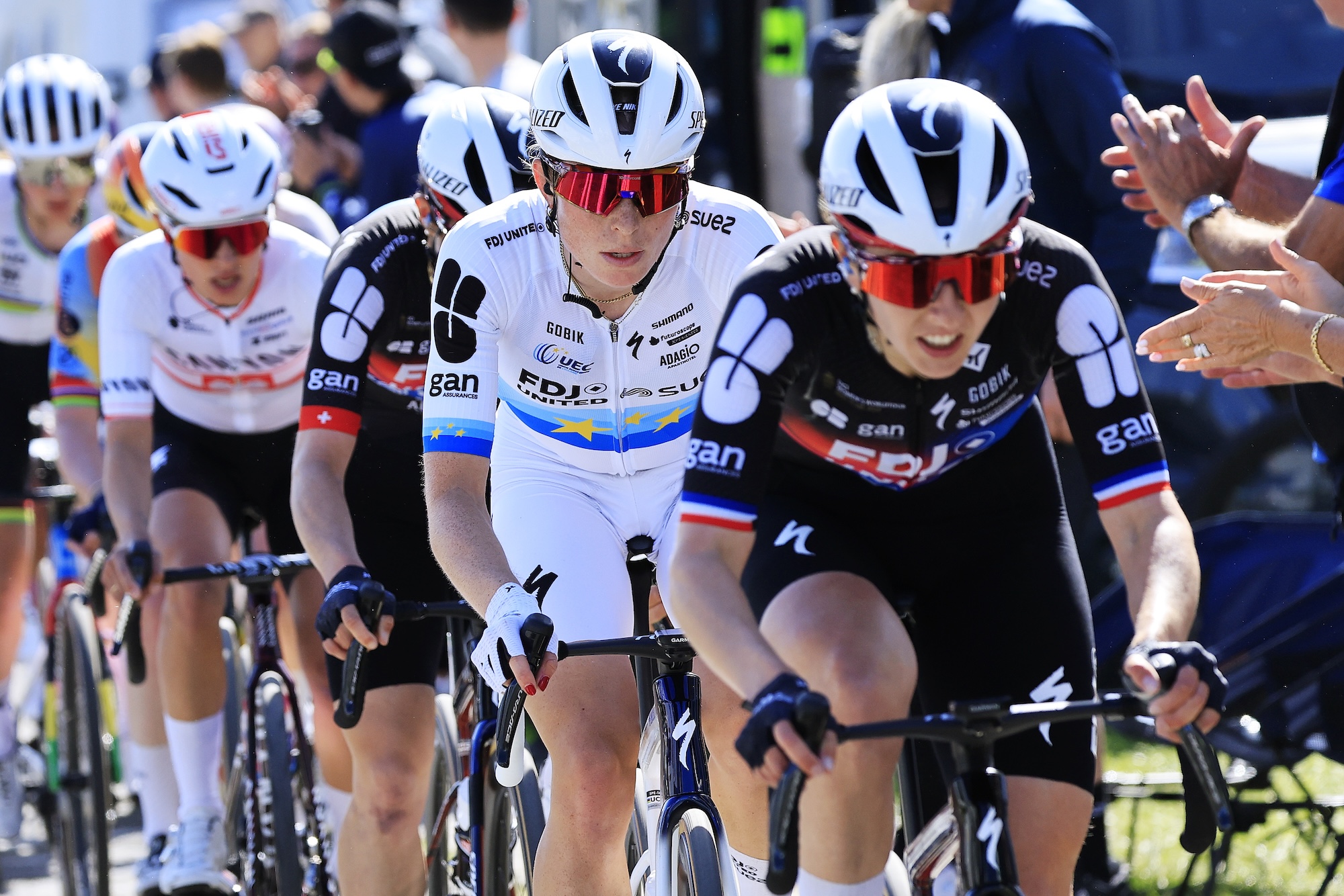 Demi Vollering of Netherlands and Team FDJ United - SUEZ competes during the 10th Liege - Bastogne - Liege Femmes 2026 (Photo by Rafa Gomez - Pool/Getty Images)