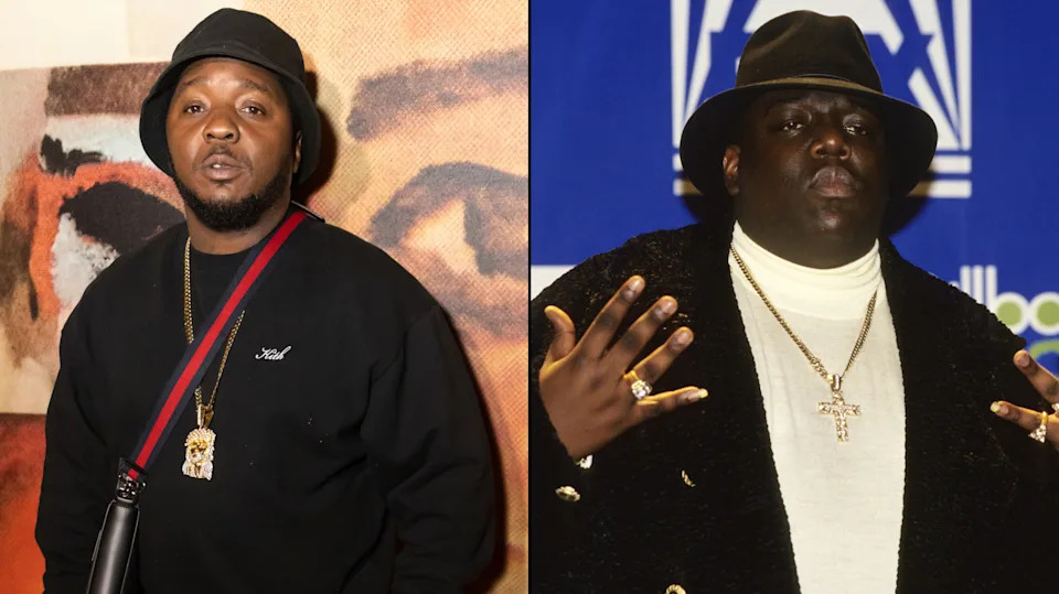 Two images side by side: on the left, Lil' Cease in a black outfit and hat; on the right, The Notorious B.I.G. in a hat and coat.