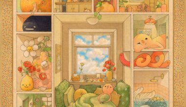 a drawing by Felicia Chiao of a grid-like structure with small rooms cut away to reveal a figure on a couch, one showering, lots of plants, and various other domestic activities