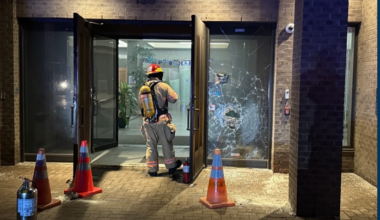 A firefighter on the scene after a firebomb was thrown at Congregation Beth Tikvah, Montreal, Dec. 18, 2024. (Credit: Centre for Israel and Jewish Affairs)