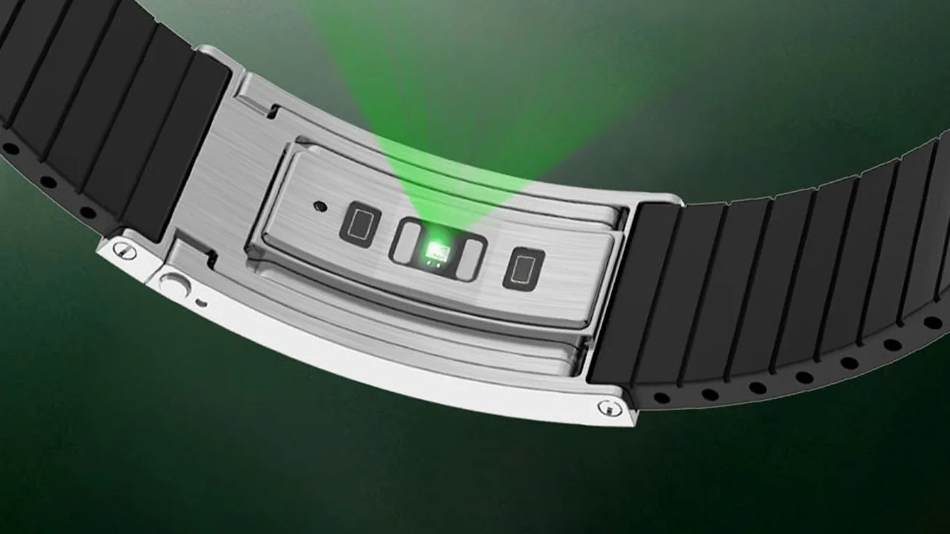 Silver smartwatch with black segmented band showing green light sensor on the underside.