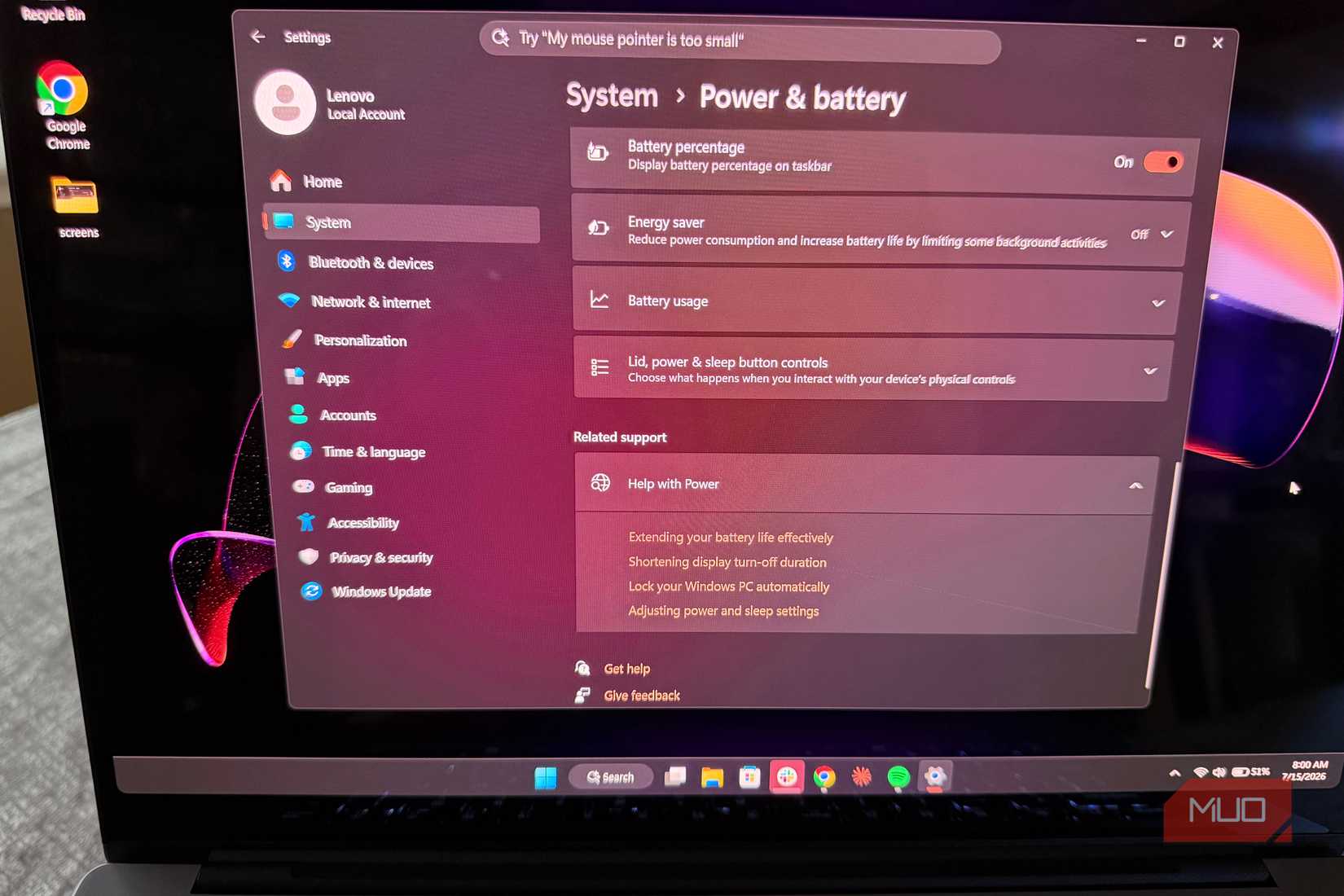 power and battery settings