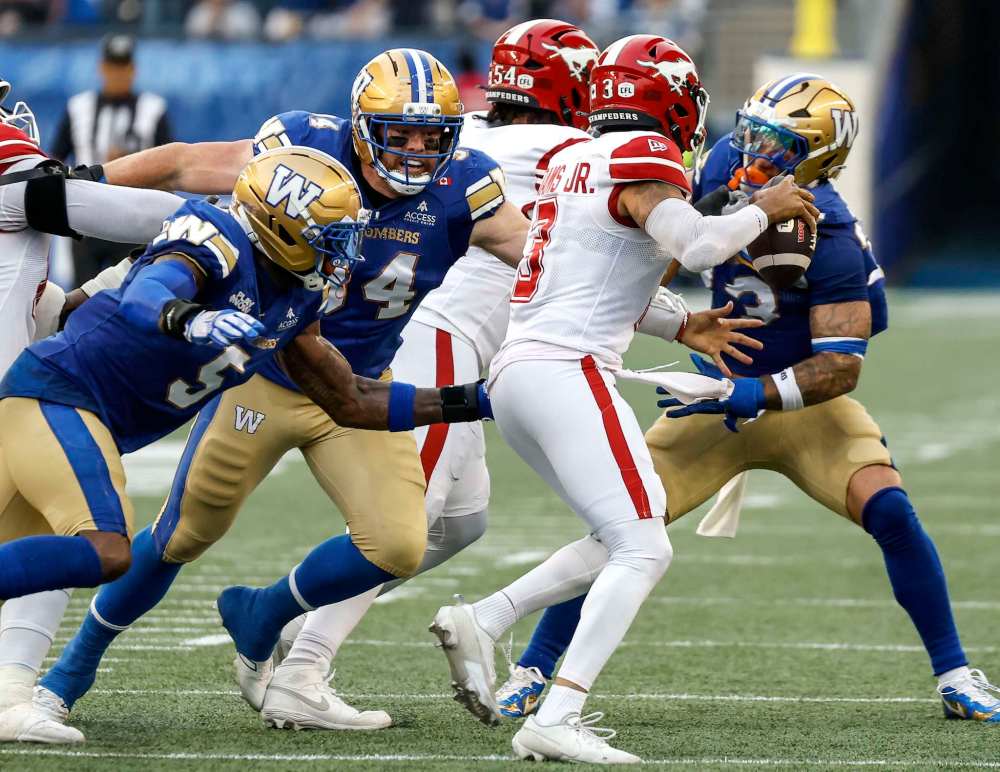 THE CANADIAN PRESS/John Woods
Winnipeg Blue Bombers' Willie Jefferson sacks Calgary Stampeders quarterback Vernon Adams Jr. in the first half.