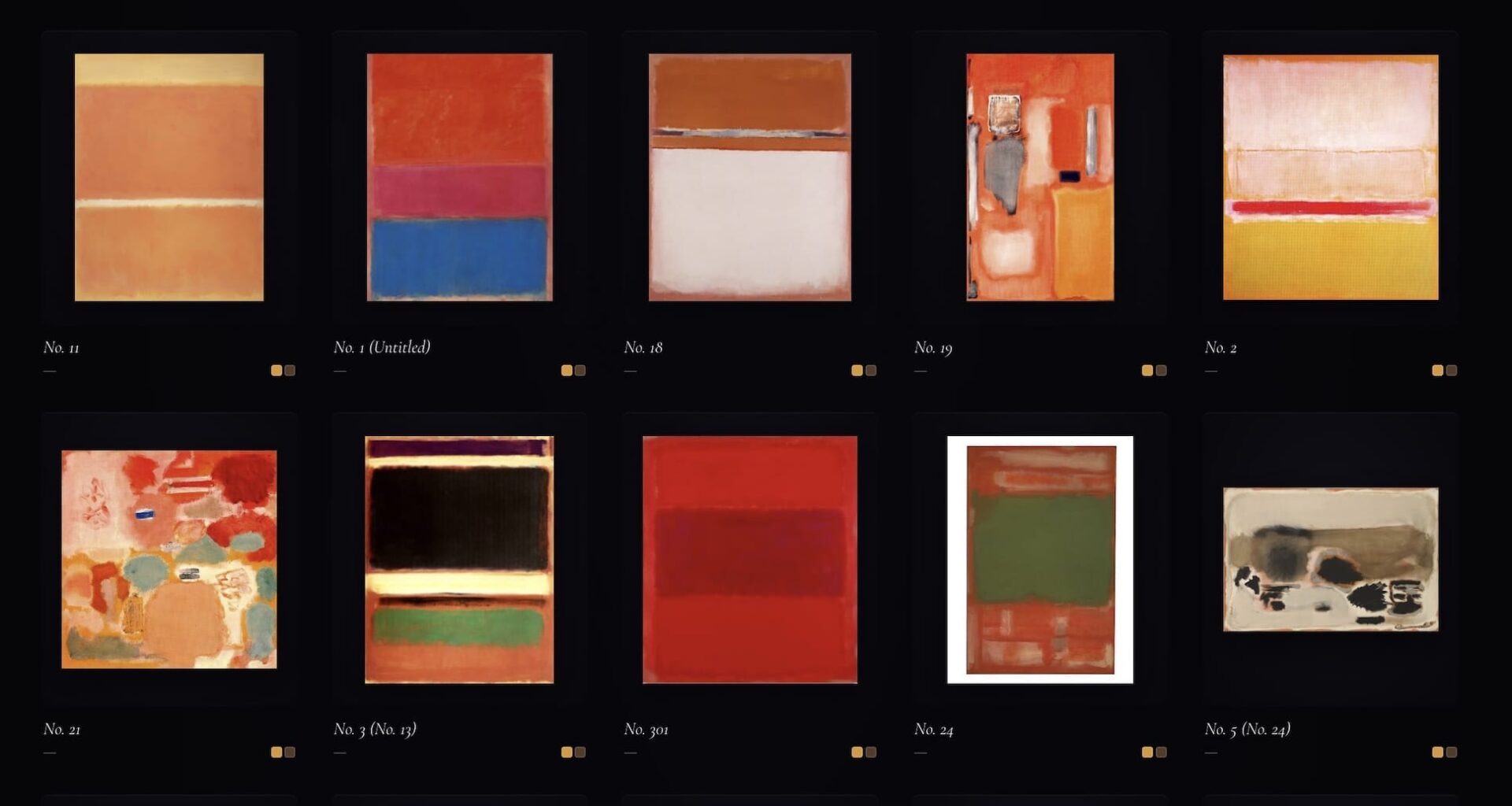 a website screenshot with a series of 10 paintings by Mark Rothko on a black background
