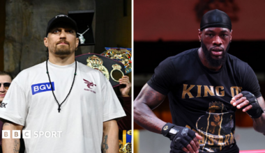 A side-by-side image of Oleksandr Usyk and Deontay Wilder