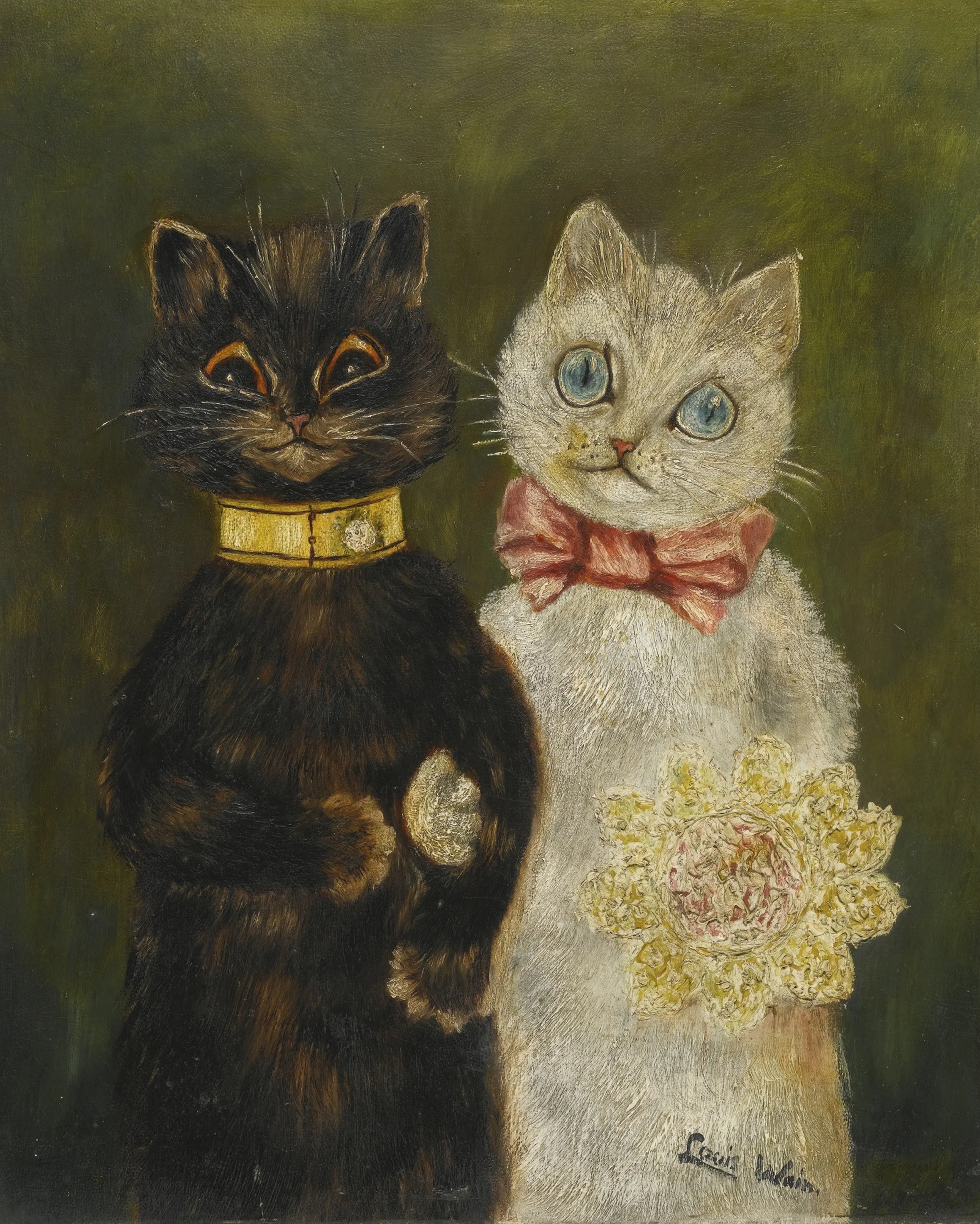 Illustration of two anthropomorphic cats, one black and one white, dressed as a bride and groom.
