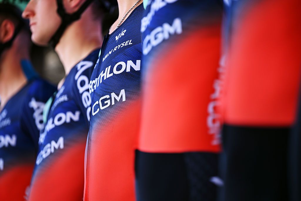 LA GARNACHE, FRANCE - APRIL 08: Jersey detailed view of Team Decathlon CMA CGM prior to the 72nd Region Pays De La Loire Tour 2026, Stage 2 a 153.6km from La Garnache to Les Sables-d&amp;apos;Olonne on April 08, 2026 in La Garnache, France. (Photo by Dario Belingheri/Getty Images)