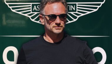 Horner wearing a plain black tee and black sunglasses looking serious with an edited Aston Martin logo background in green and white