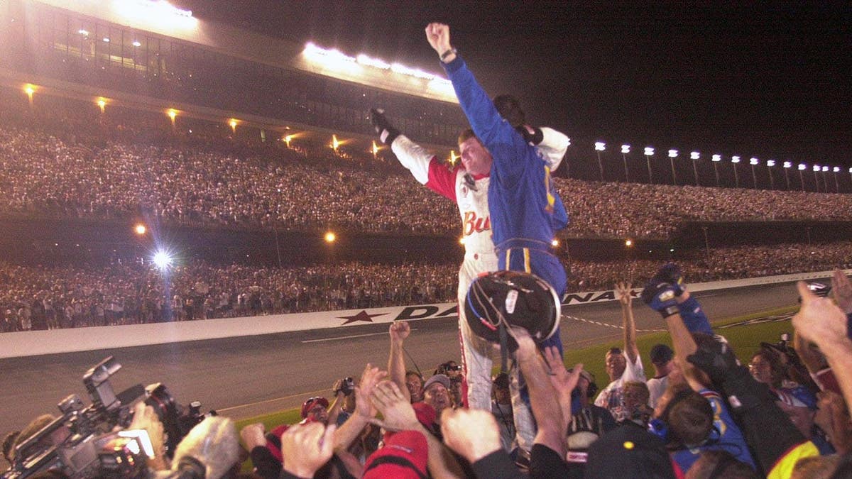 Dale Earnhardt, Jr. and Michael Waltrip celebrate their one two finish in the Pepsi 400 win at Daytona International Speedway in Daytona Beach, FL Saturday July 7, 2001.