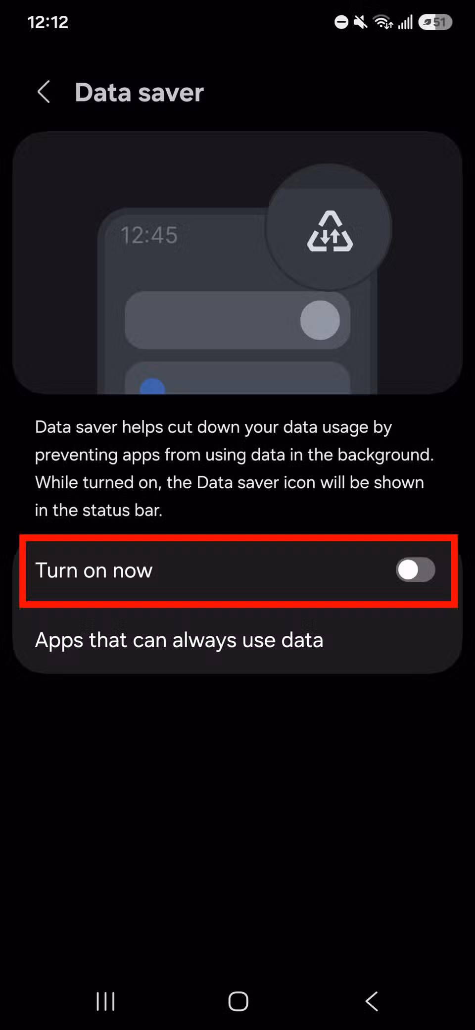 Red rectangle outline highlighting Turn on now toggle for Data saver mode on Samsung