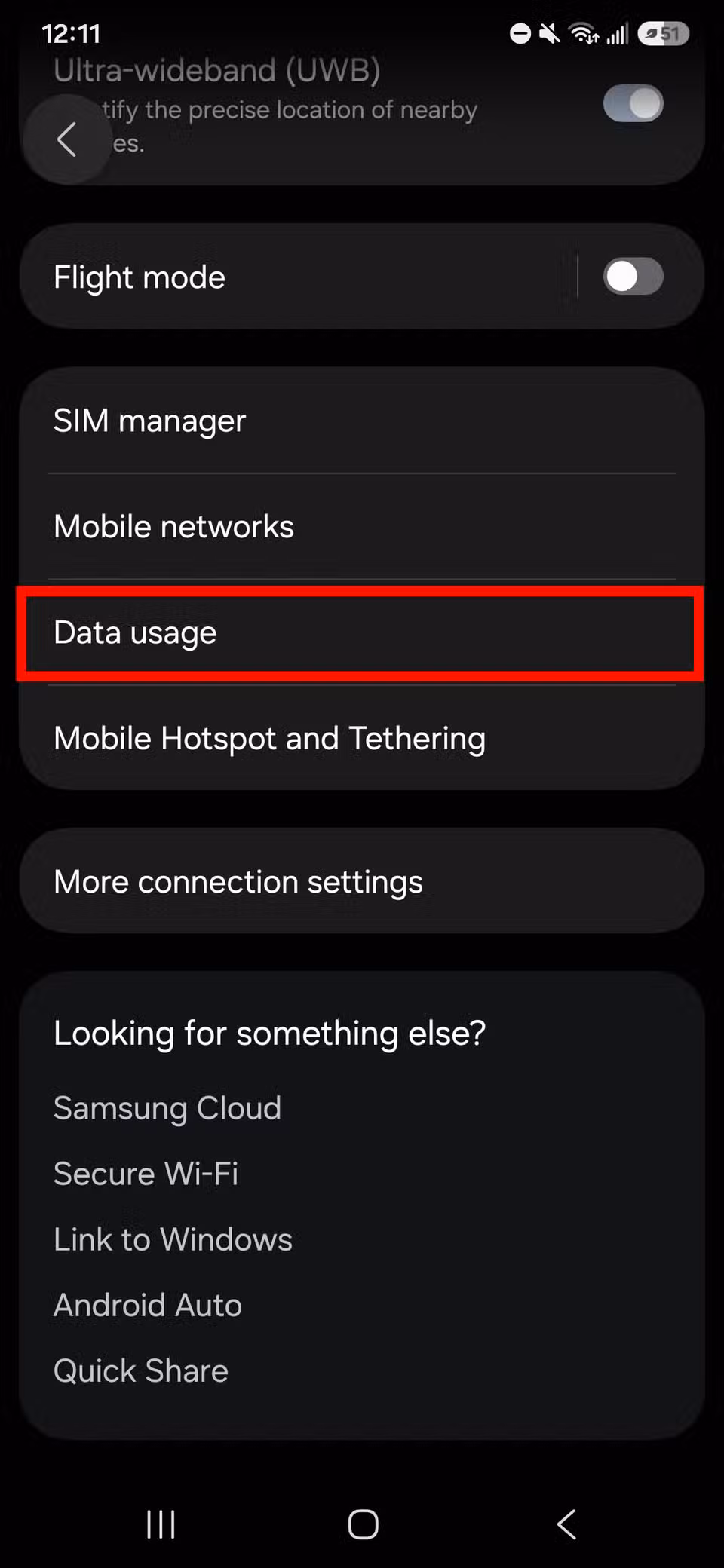 Red rectangle outline highlighting Data usage in Connection settings
