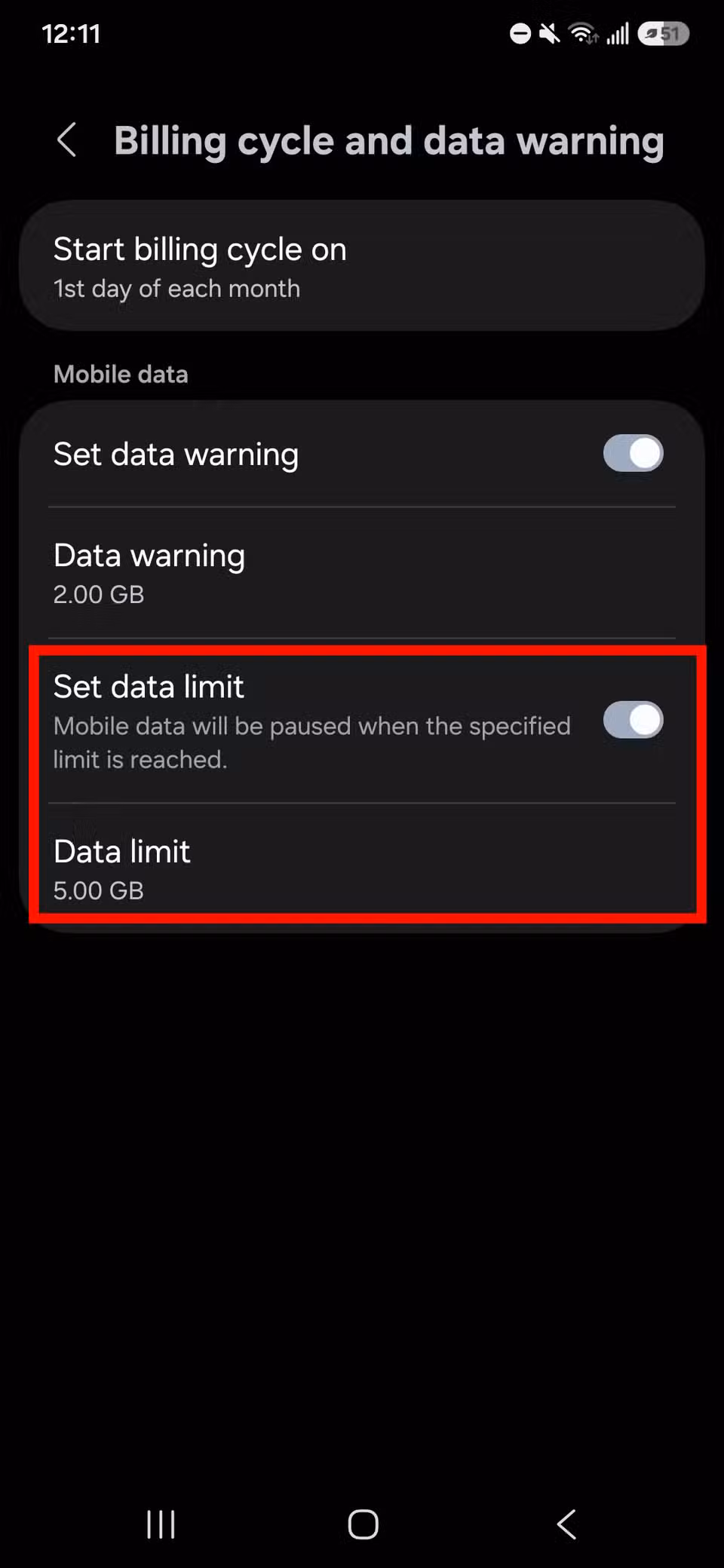 Red rectangle outline highlighting Set data limit toggle and Data limit