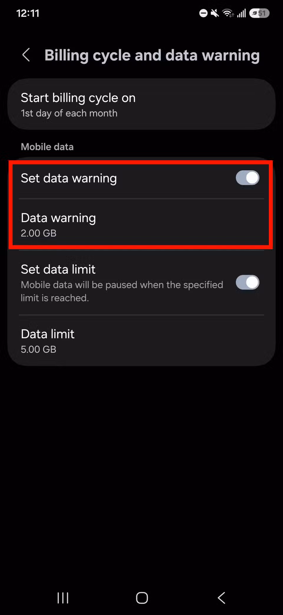 Red rectangle outline highlighting Set data warning toggle and Data warning