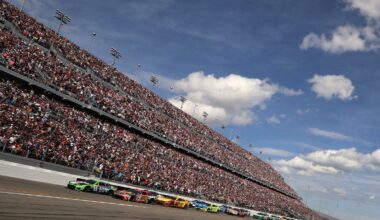 Kyle Busch, driver of the #8 zone Jalapeno Lime Chevrolet, and Chase Briscoe, driver of the #19 Bass Pro Shops Toyota, lead the field to start the NASCAR Cup Series Daytona 500 at Daytona International Speedway on February 15, 2026 in Daytona Beach, Florida. (Photo by Chris Graythen/Getty Images)