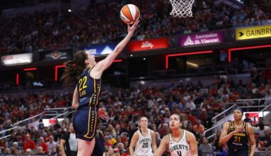 INDIANAPOLIS, IN - JULY 18: Indiana Fever guard Caitlin Clark (22) drives into the lane and goes up with her shot in the first half of play during a WNBA game between the New York Liberty and the Indiana Fever on July 18, 2026 at Gainbridge Fieldhouse in Indianapolis, IN.  (Photo by Jeffrey Brown/Icon Sportswire)