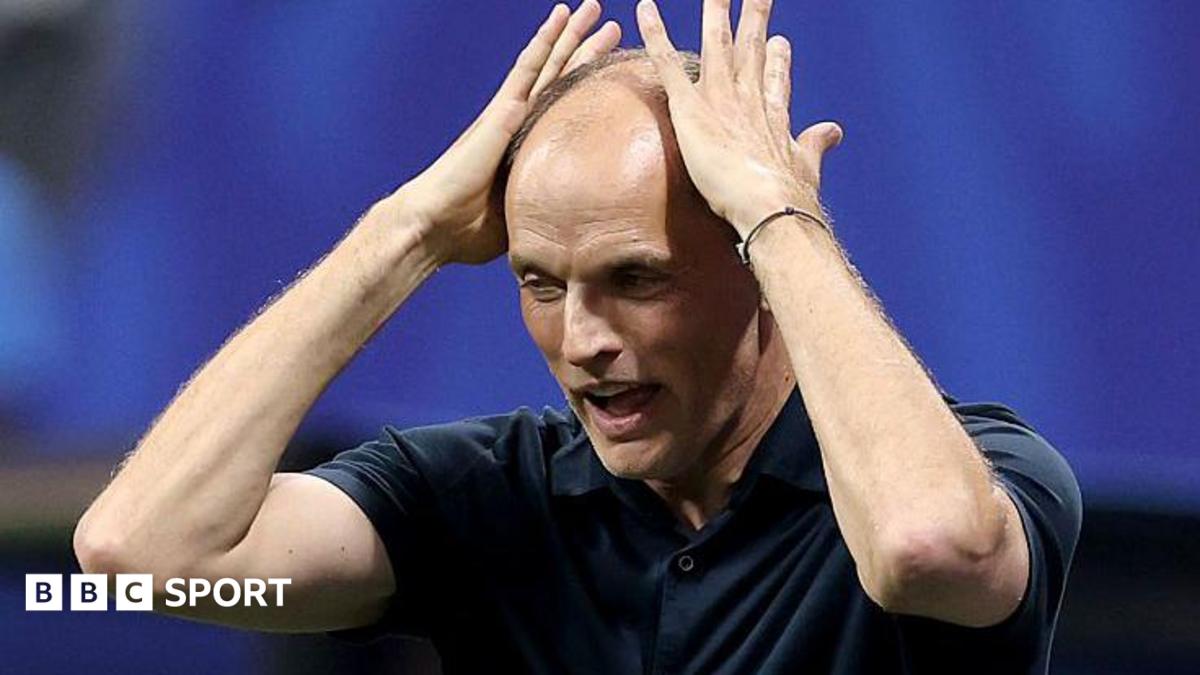 England manager Thomas Tuchel has an exasperated look as he raises his hands to his head