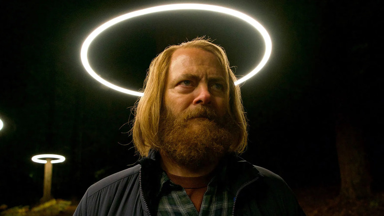Nick Offerman as Forest, lit by a halo-like light in Devs.