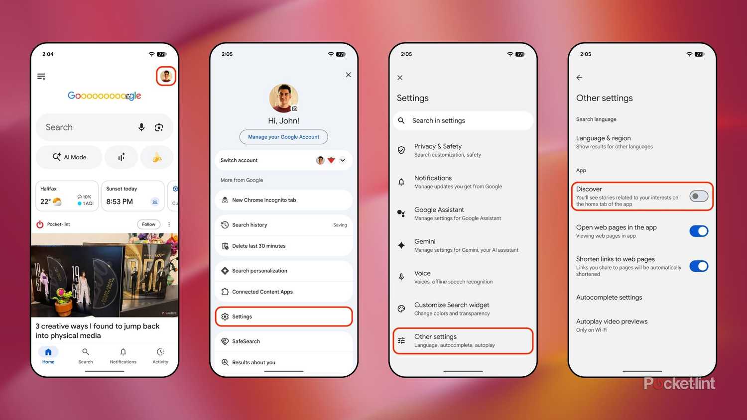 Disable Google app Discover feed screenshots