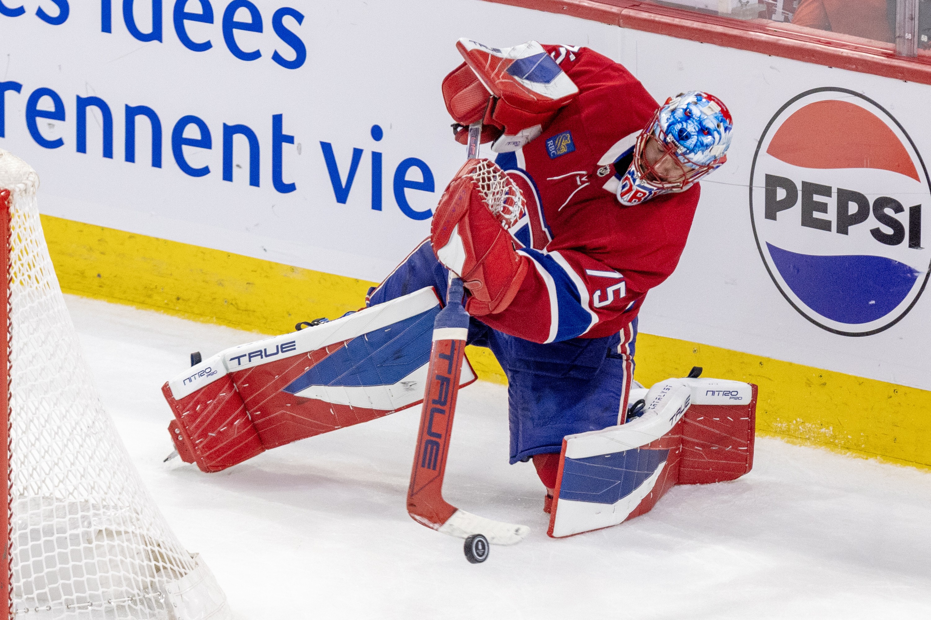 Canadiens' Jakub Dobes clears the puck during third period of Game 4 of Eastern Conference final against the Carolina Hurricanes in Montreal on May 27.
