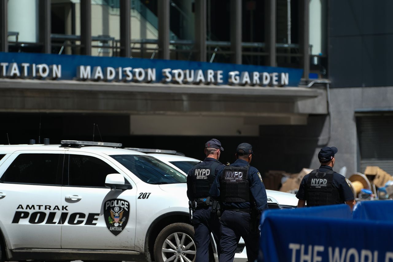 Police officers patrol outside Madison Square Garden on Thursday.