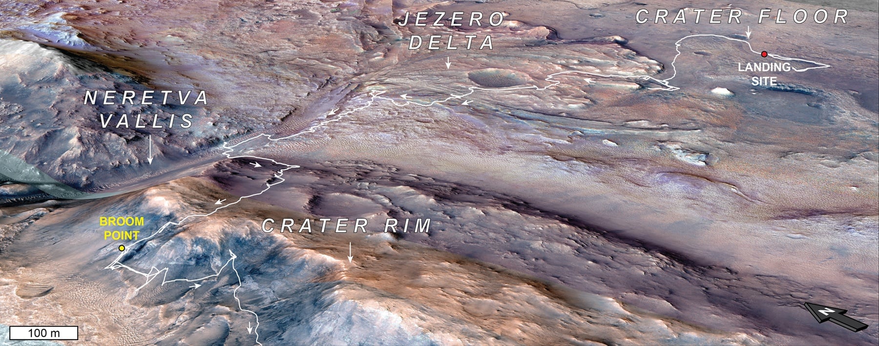 This orbital map shows the path NASA’s Perseverance Mars rover took from its 2021 landing site in Jezero Crater to the “Broom Point” location in mid-2025. Credit: NASA/JPL-Caltech/MRO/HIRISE/UA/ICL