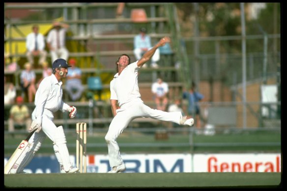 Jeff Thomson sends one down in a Test against England at Brisbane in 1982.