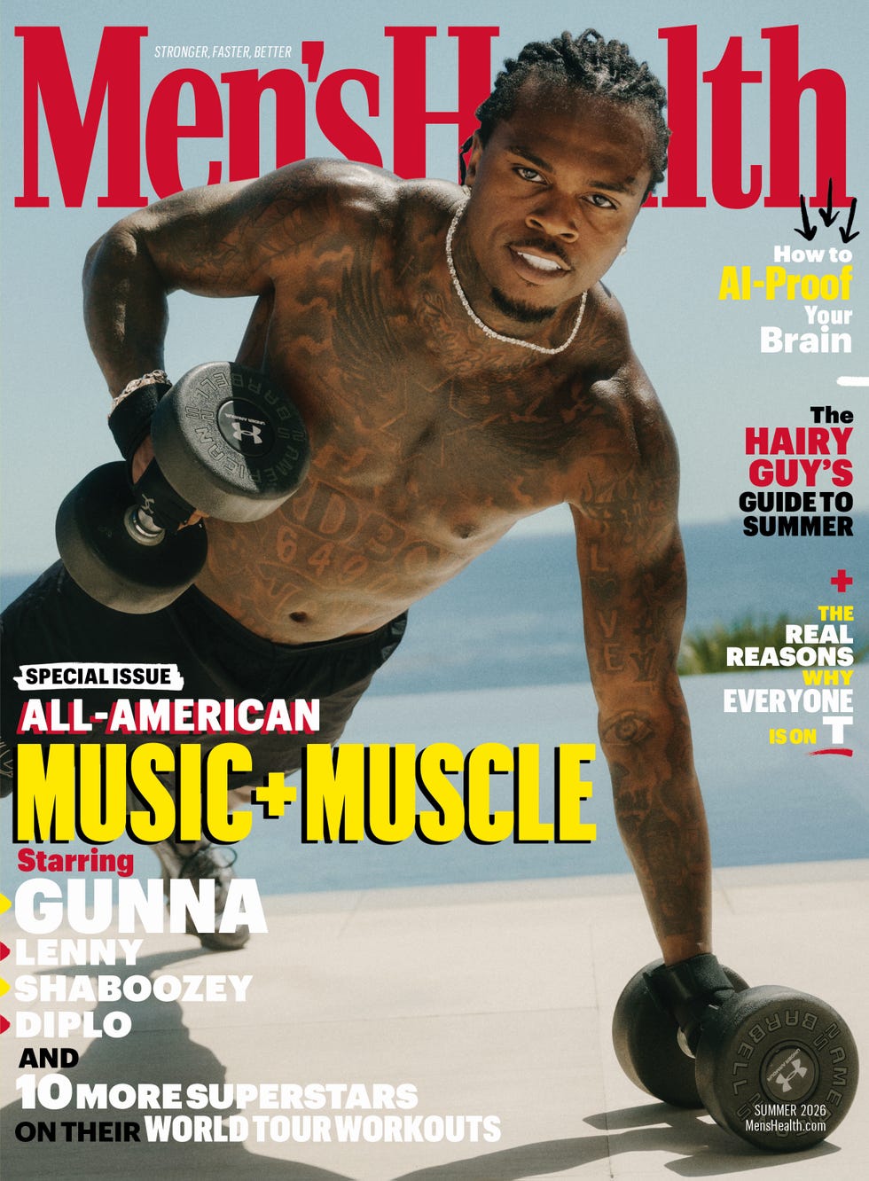Men's Health cover featuring a shirtless man lifting a dumbbell, summer issue. Men's Health cover featuring a shirtless man lifting a dumbbell, summer issue.