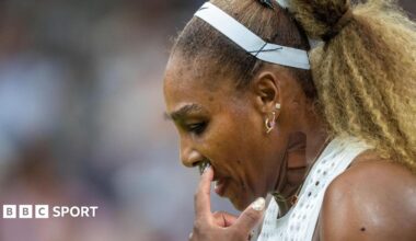 Serena Williams reacts during her Wimbledon defeat