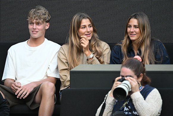Cruz Hewitt with Myla and Charlene Federer at this year’s Australian Open. They have been supporting him at Wimbledon.