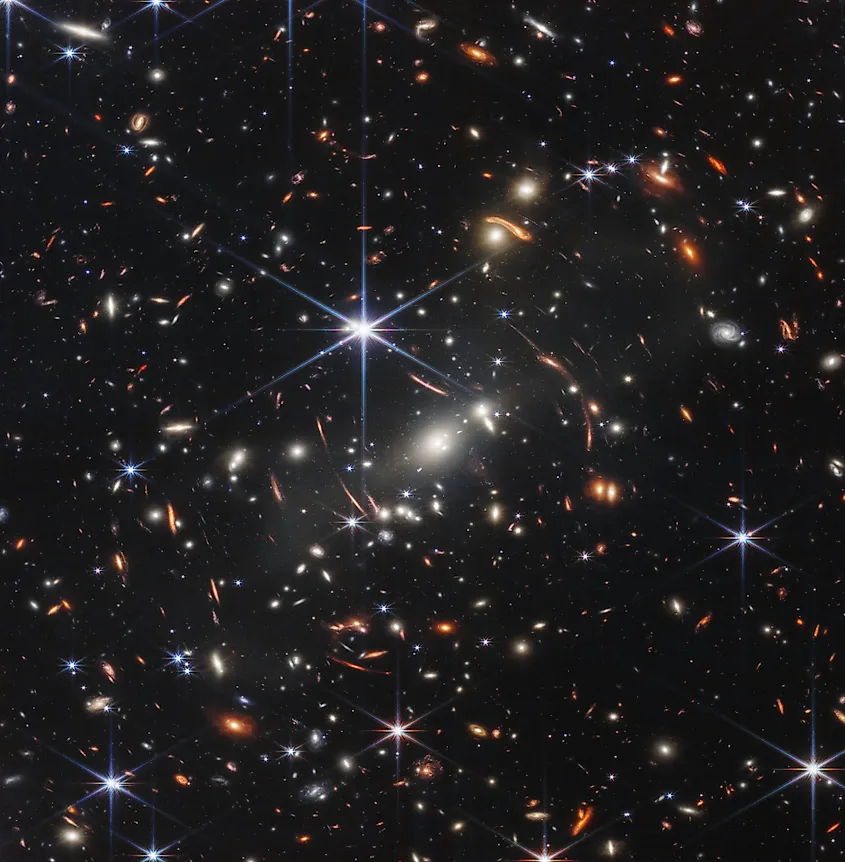 The first color image from the JWST, showing millions of galaxies. This image is currently the deepest, highest resolution image of the universe. NASA