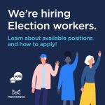 An illustration including three people and the title 'We're hiring Election workers.'