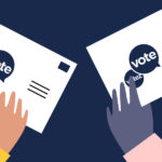 Illustration of two hands holding up cards that say 'Vote.'