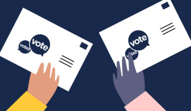 Illustration of two hands holding up cards that say