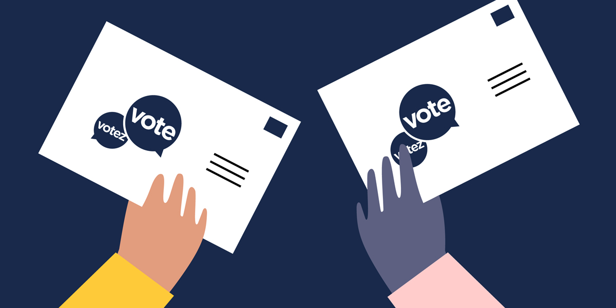 Illustration of two hands holding up cards that say
