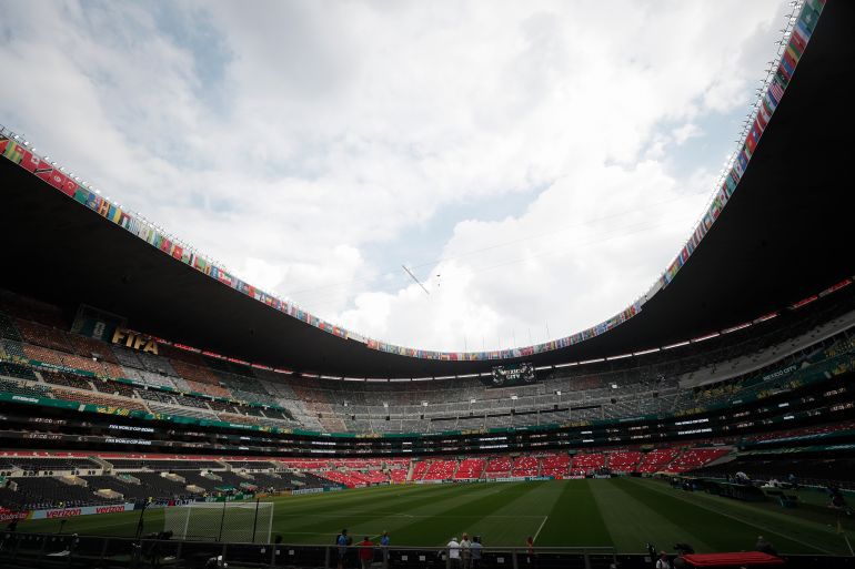 epa13029469 South African players during a pitch inspection at the Mexico City Stadium, also known as the Estadio Azteca, in Mexico City, Mexico, 09 June 2026. The South African team inspected the pitch one day before the 2026 World Cup opening match against host country Mexico. EPA/ISAAC ESQUIVEL