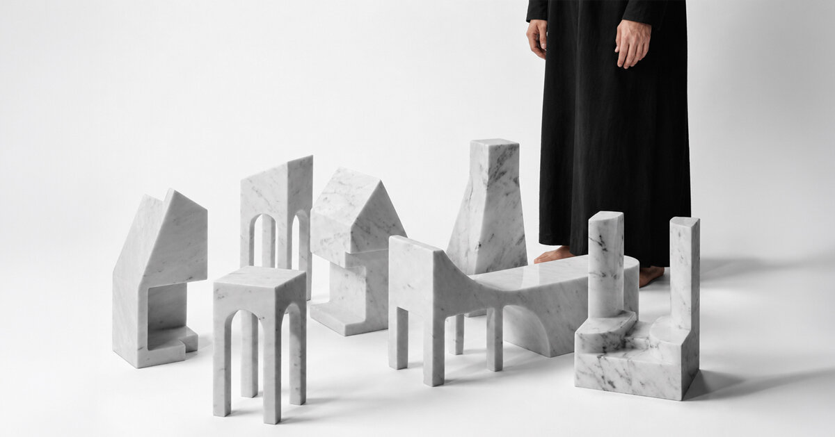 solid carrara marble sculpts abstract house-like objects