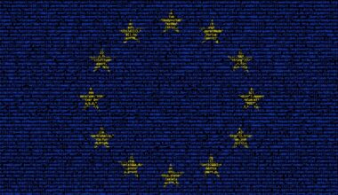 Illustration of a European flag composed of computer code