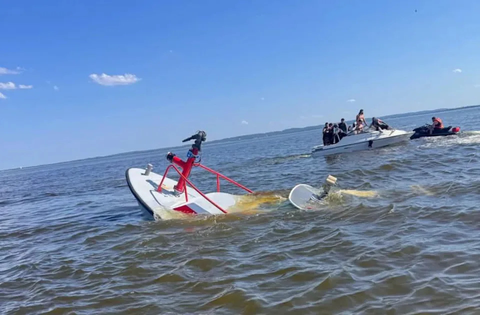 A Carteret Fire Department marine vessel suffered catastrophic damage when it was struck by a surfacing whale on July 4, sinking so rapidly that firefighters aboard had only seconds to abandon ship.
