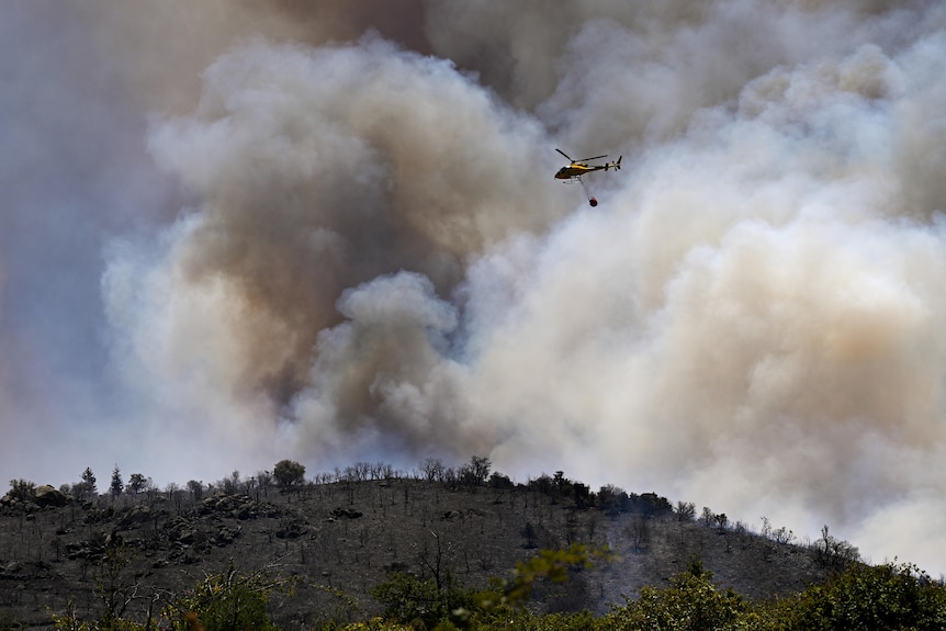 a firefighting helicoptor flies above a mountainside on fire