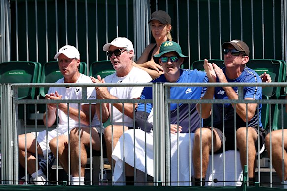 Lleyton and Bec Hewitt were on hand to watch their son, who is being coached by Wayne Arthurs (far right).