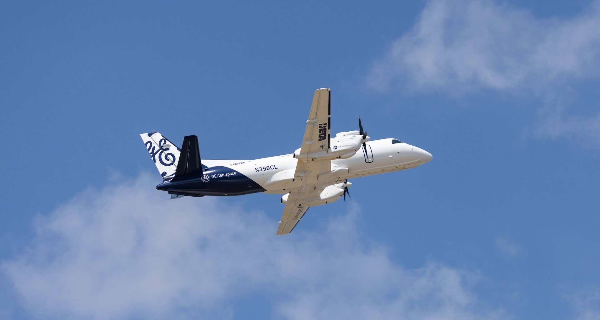 Modified Saab 340, a hybrid-electric aircraft in flight.