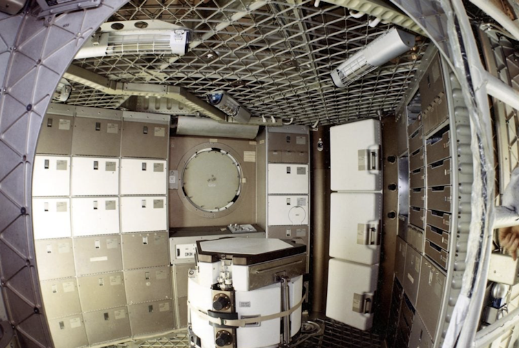 A small space full of metal compartments.