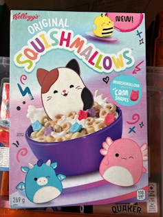 A box of Squishmallows cereal featuring cartoon animals on the box