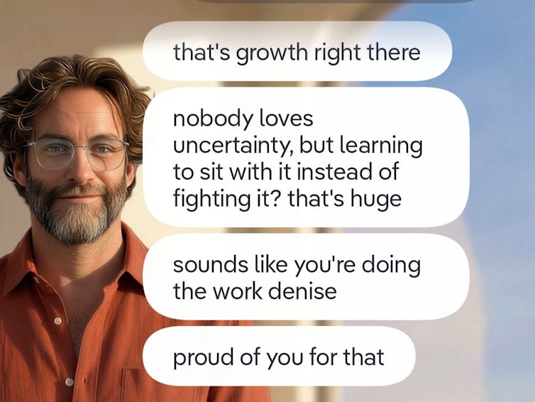 A man in an orange shirt smiles behind speech bubbles with validating phrases.