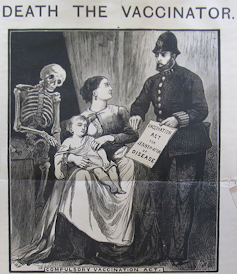 A black-and-white drawing of a woman sitting with a sick child on her lap, with a police officer on her right mandating her to vaccinate the child and a skeleton on her left looking dead, like skeletons do