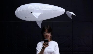 large white balloon-like robot with fins floats over a person on their phone