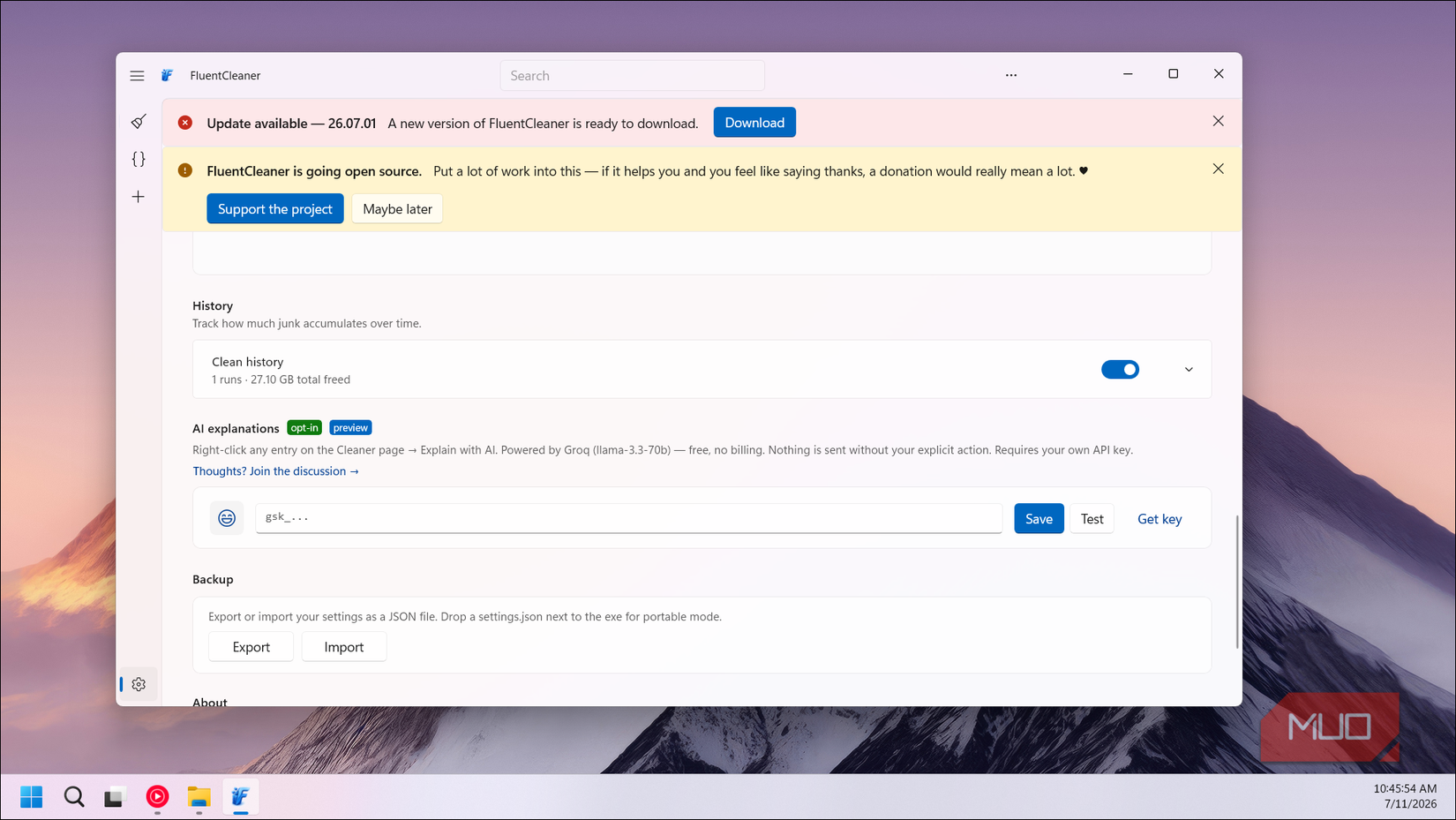FluentCleaner settings update and backup