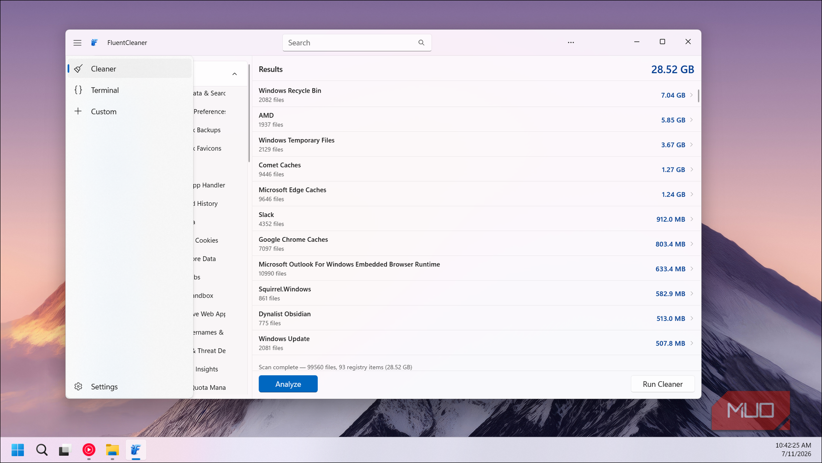 FluentCleaner sidebar menu options