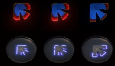 A series of simulations of a shape are shown, with that shape traced out in a petri dish with a laser below. The shape is roughly like a 90-degree corner bisected by a third arm.