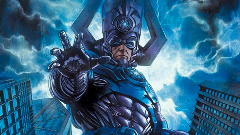 Galactus stands in a cityscape surrounded by a storm in Marvel Comics